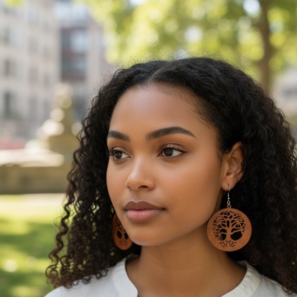 Intricate Tree Design Boho Wooden Earrings - Picture 2 of 2